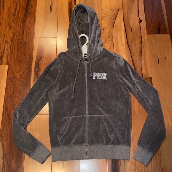 NWOT~VINTAGE VICTORIAS SECRET PINK VELOUR SEQUIN ZIP UP HOODIE - Picture 3 of 9